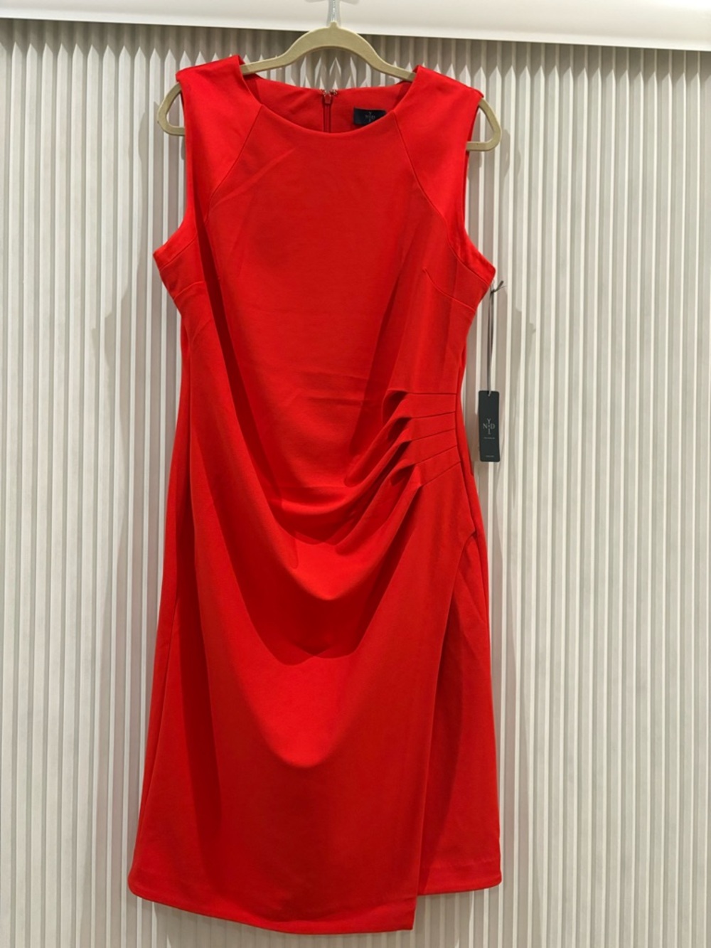 NYDJ Red Sleeveless Sheath Dress with Draped Side and Shaper Attached